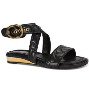 Kurt Geiger London Sandal Sz 5 Black Quilted Flat Wrap Gold Heel & Buckle $295